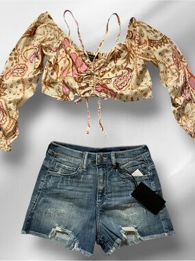 Ruched Pink & Brown Paisley Long-Sleeve Crop Top